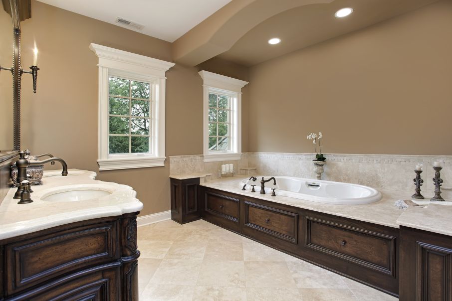 French Country Huge Bathroom with Alcove Shower and Drop-in Bathtub