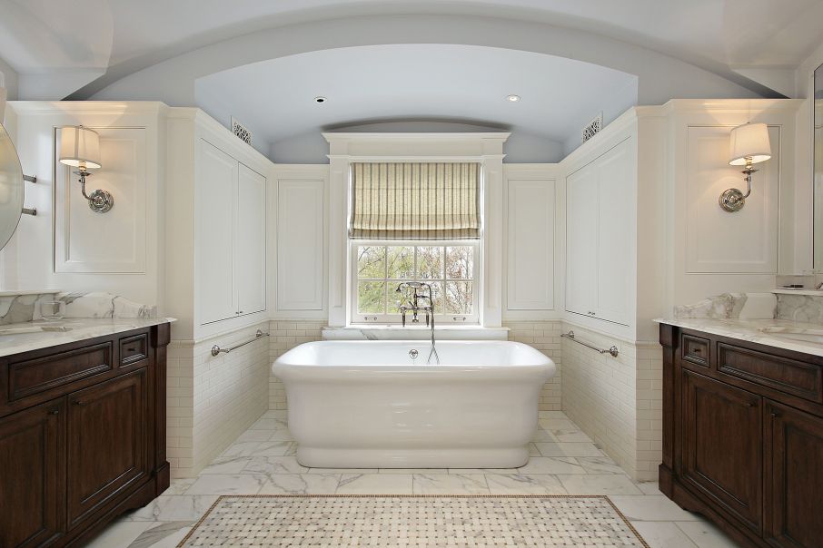 French Country Huge Bathroom with Dark Wood Vanity and Claw-foot Bathtub