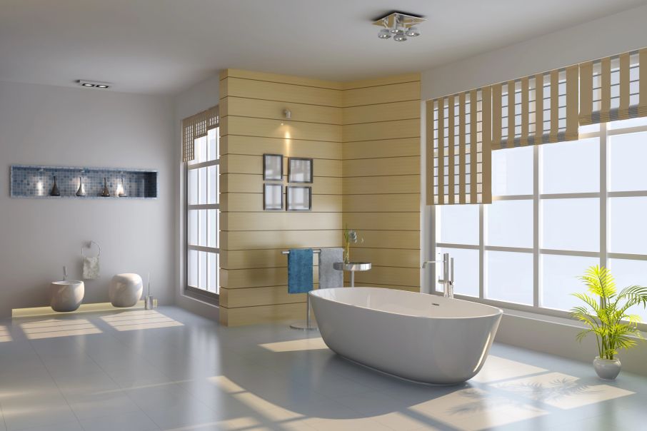 Spacious Yellow Bathroom with Corner Shower and Freestanding Bathtub